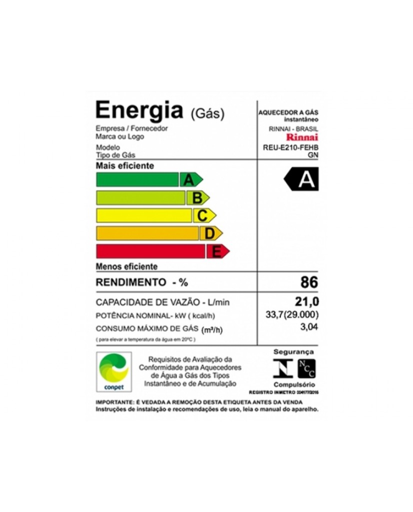 Aquecedor Rinnai Digital 21L a Gás REU-E210 FEHB Bivolt